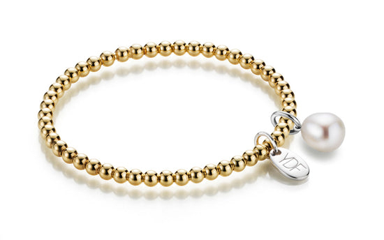 Stretch Silberarmband gelbvergoldet mit Loganhänger und Diamant und Perle
